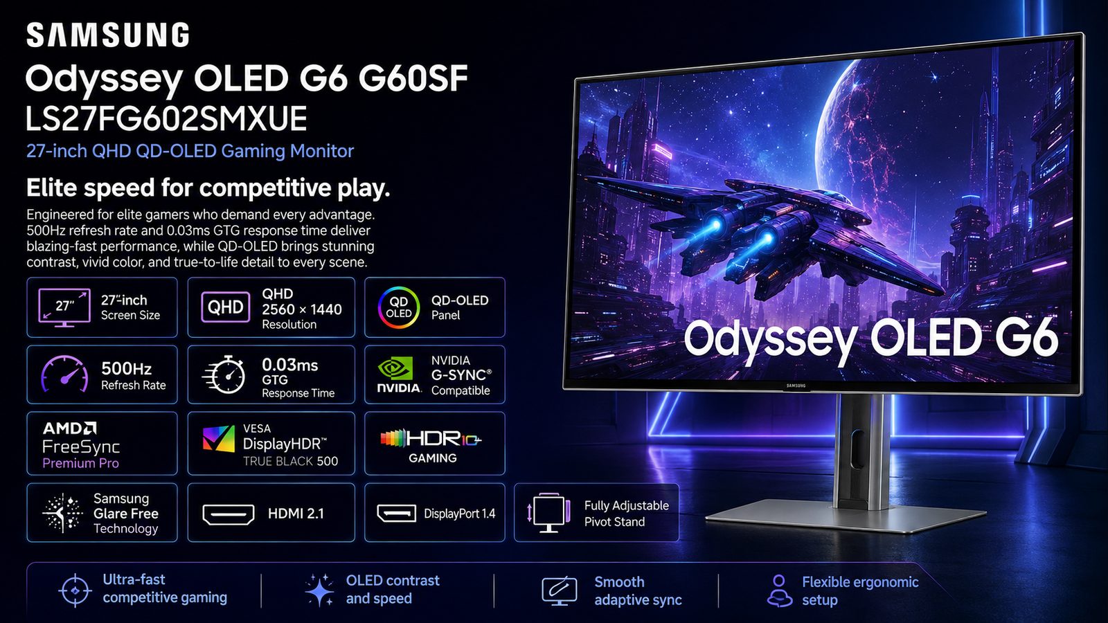 Samsung Odyssey OLED G6 G60SF LS27FG602SMXUE 27-inch QHD QD-OLED Gaming Monitor, 500Hz, 0.03ms GTG, G-SYNC Compatible, FreeSync Premium Pro, HDR True Black 500, HDMI 2.1, Pivot, Silver, 3-Year Warranty | LS27FG602SMXUE